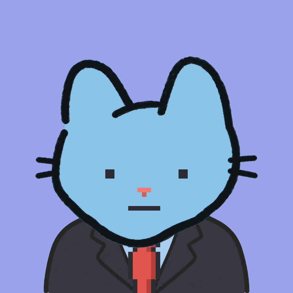 Employee #2748 — a sky cat, in a black suit, with a red tie, on periwinkle