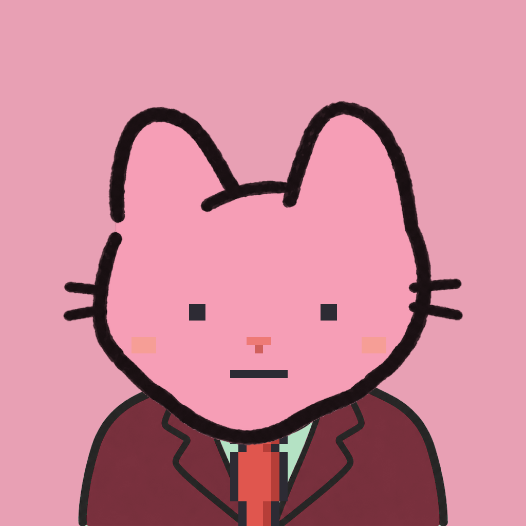 Employee #2749 — a pink cat, in a burgundy suit, with a red tie, on rose