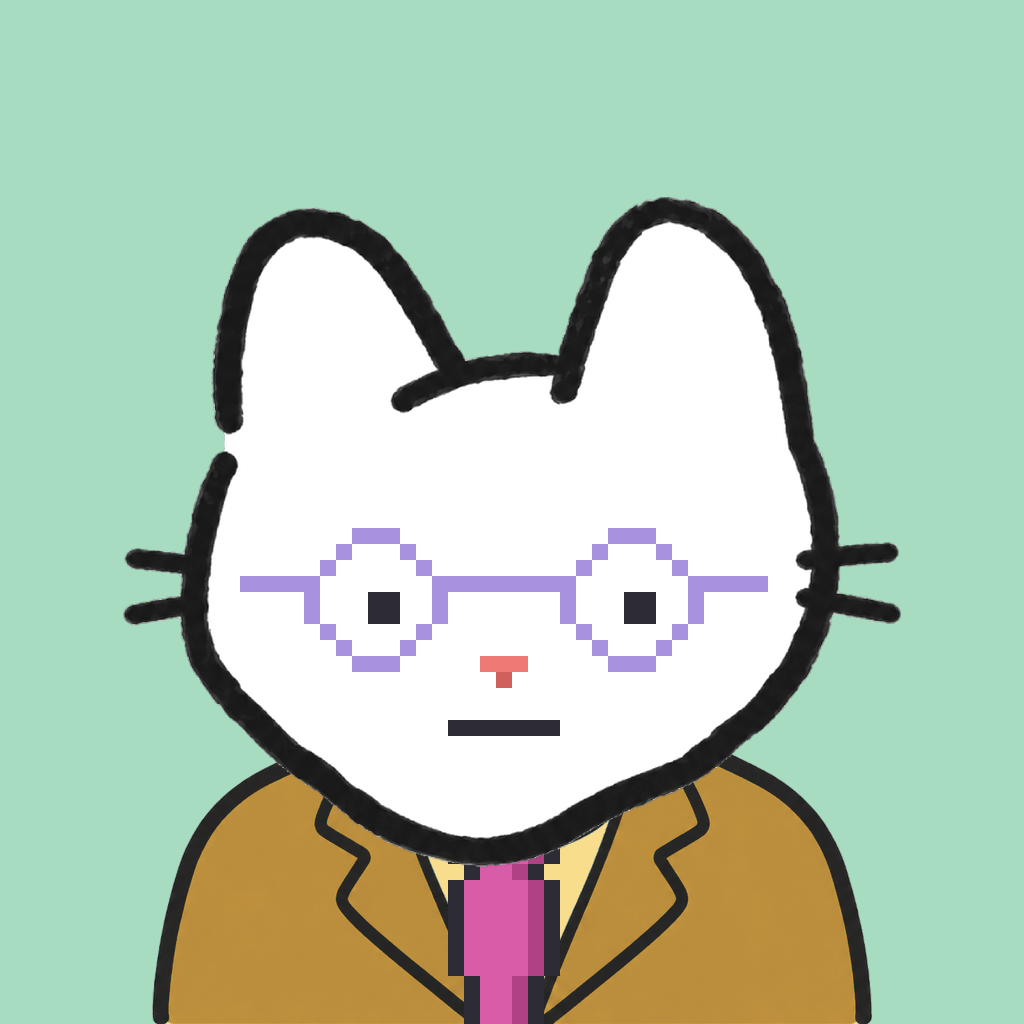 Employee #0275 — a white cat, in a mustard suit, with a magenta tie, wearing round-lavender glasses, on mint