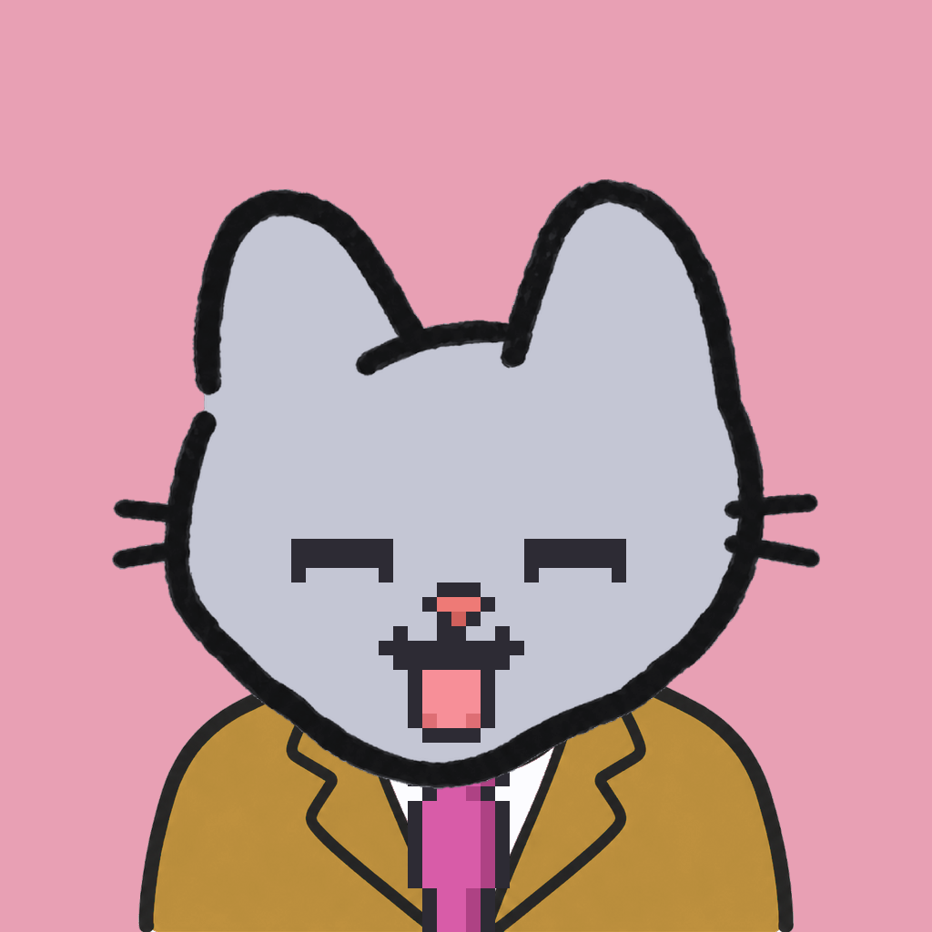 Employee #2750 — a gray cat, in a mustard suit, with a magenta tie, on rose