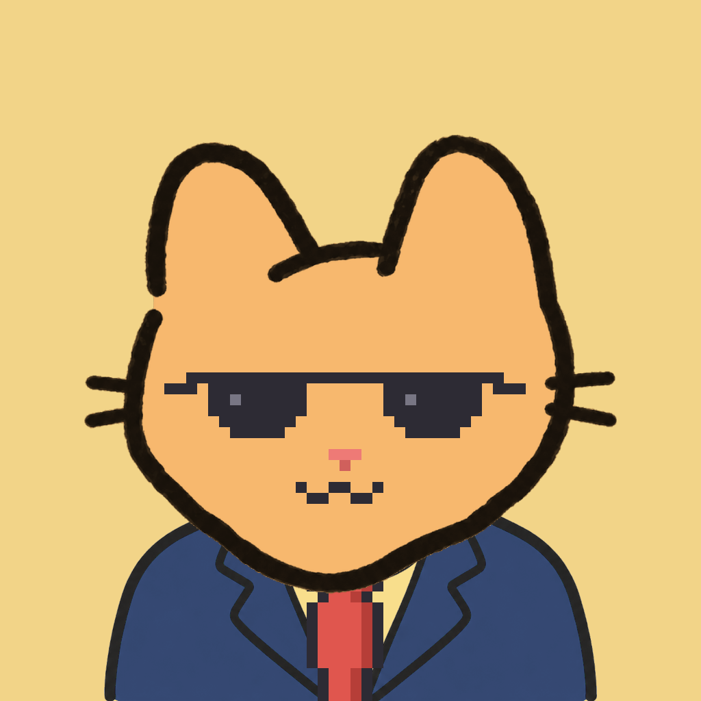 Employee #2751 — a tabby cat, in a navy suit, with a red tie, wearing shades glasses, on butter