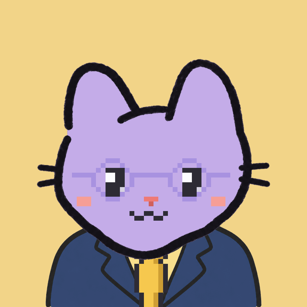 Employee #2752 — a lavender cat, in a navy suit, with a gold tie, wearing round-lavender glasses, on butter