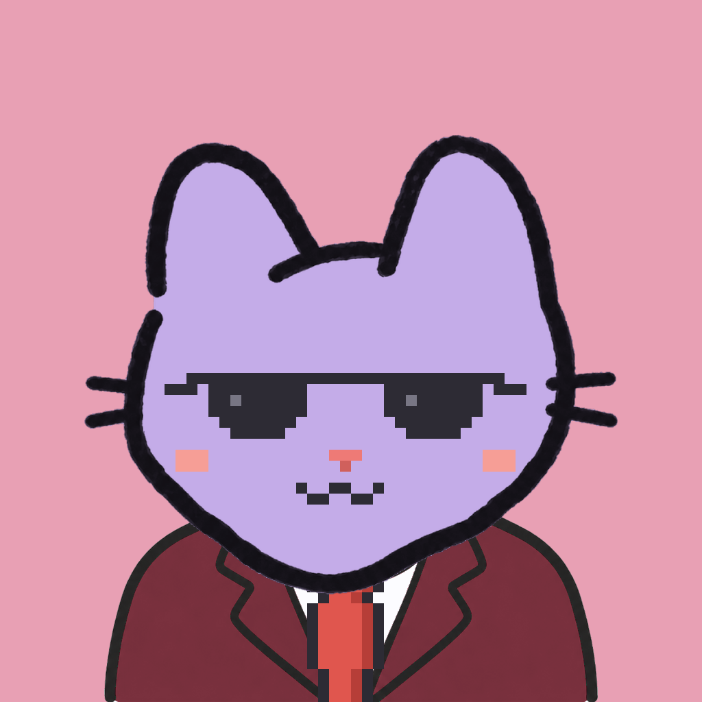 Employee #2753 — a lavender cat, in a burgundy suit, with a red tie, wearing shades glasses, on rose
