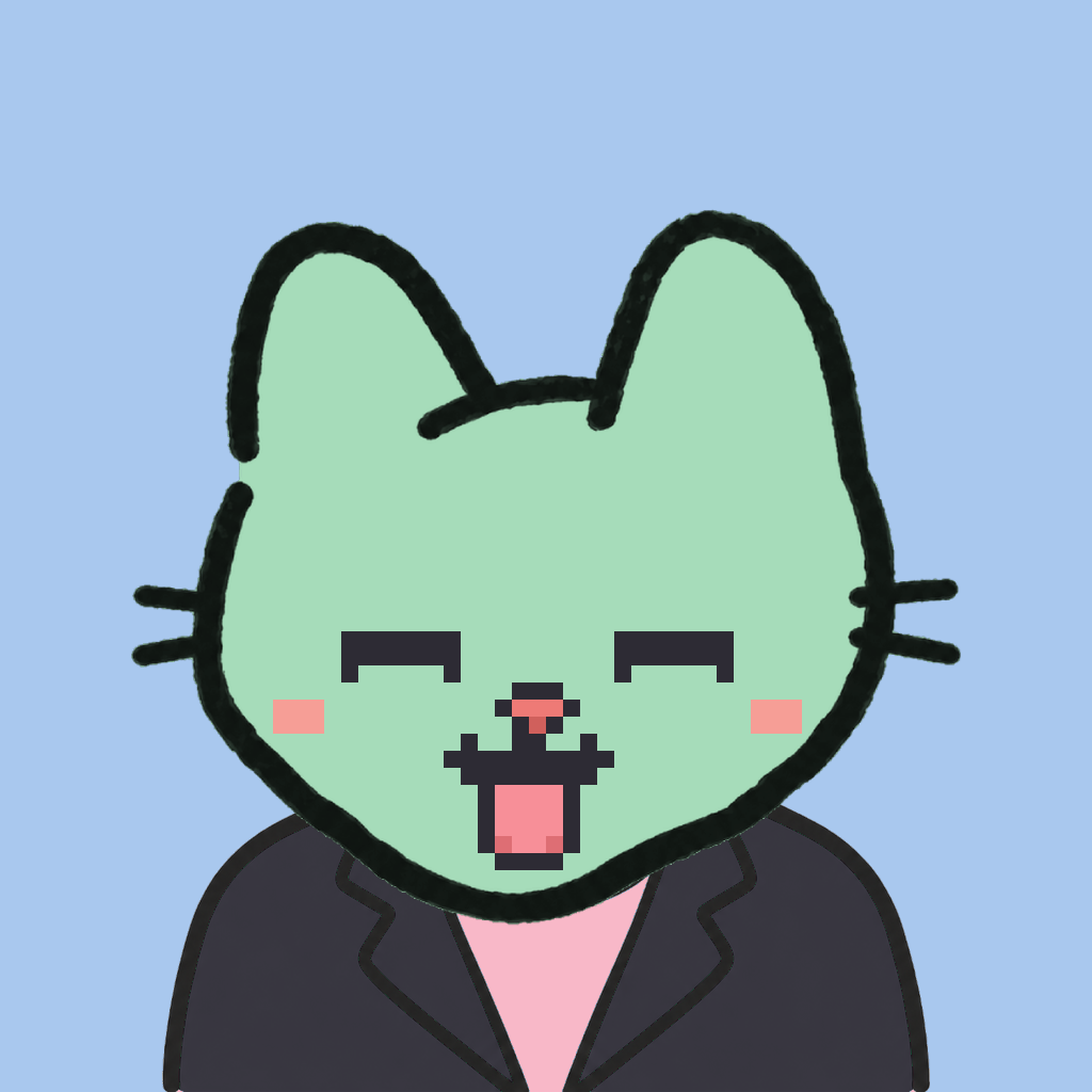 Employee #2754 — a mint cat, in a black suit, on sky