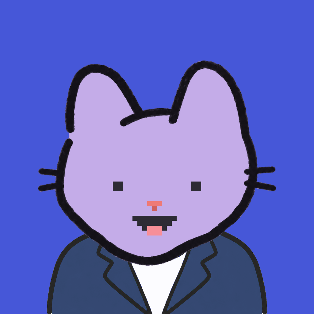 Employee #2755 — a lavender cat, in a navy suit, on royal
