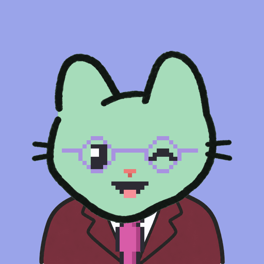 Employee #2756 — a mint cat, in a burgundy suit, with a magenta tie, wearing round-lavender glasses, on periwinkle