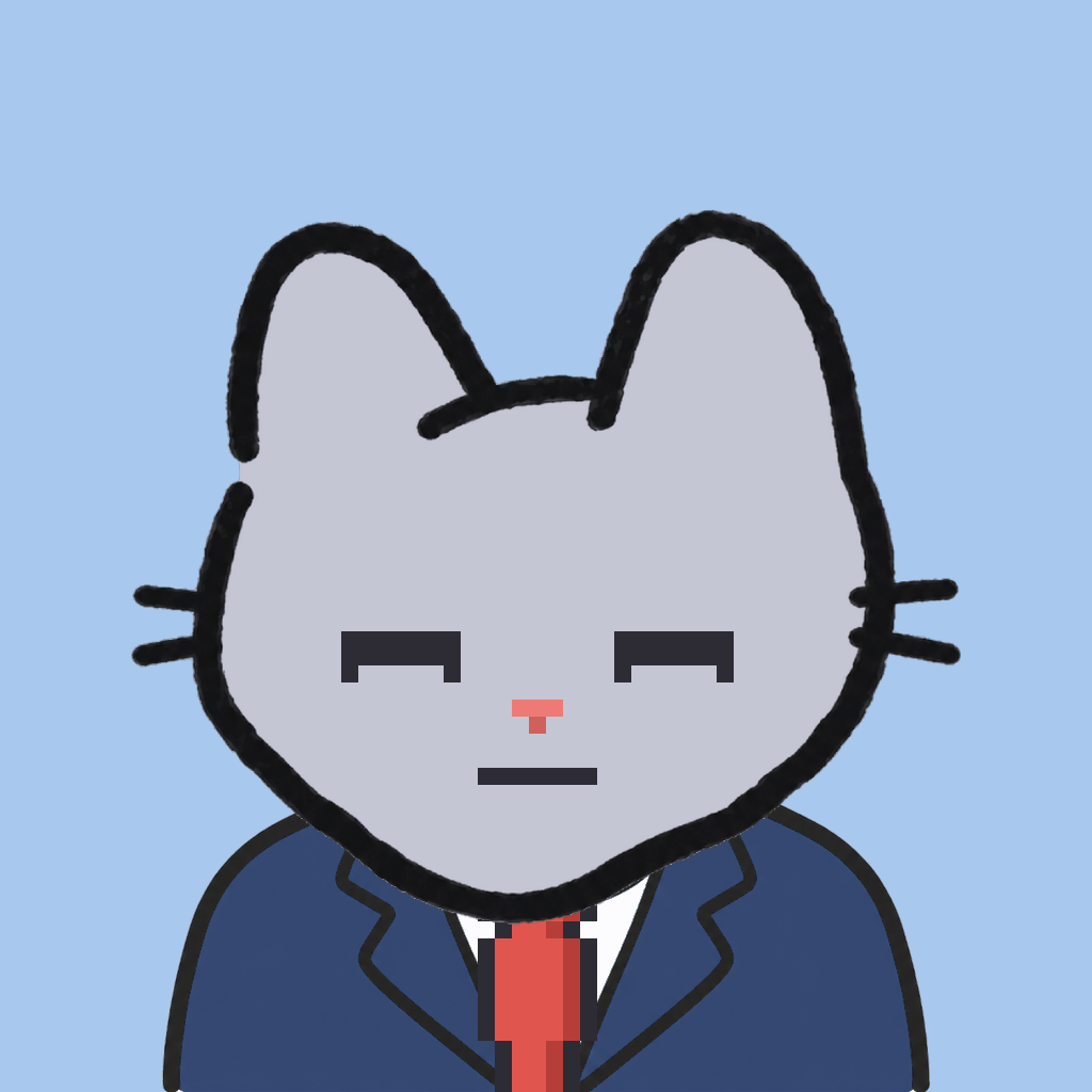 Employee #2757 — a gray cat, in a navy suit, with a red tie, on sky