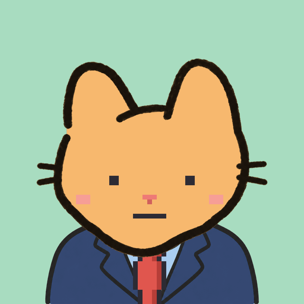 Employee #2759 — a tabby cat, in a navy suit, with a red tie, on mint