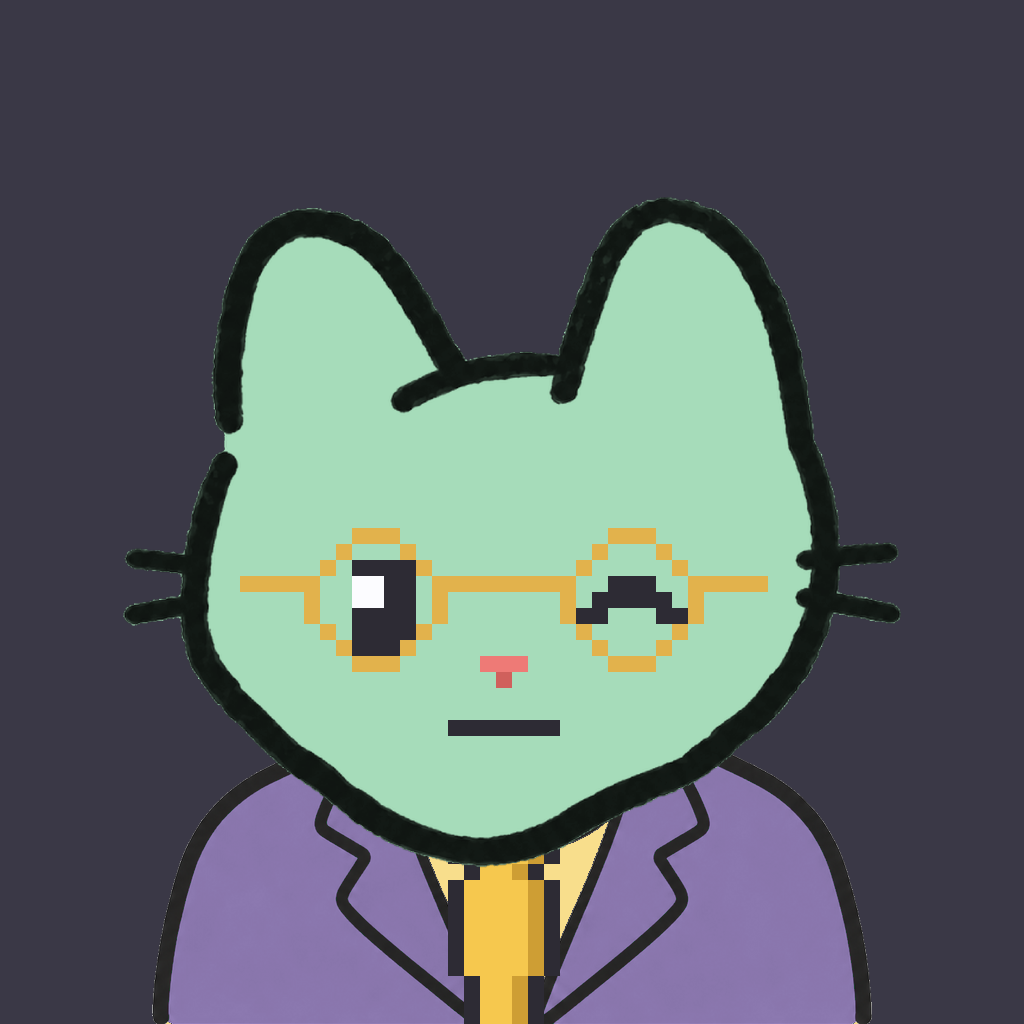 Employee #0276 — a mint cat, in a lavender suit, with a gold tie, wearing round-gold glasses, on charcoal