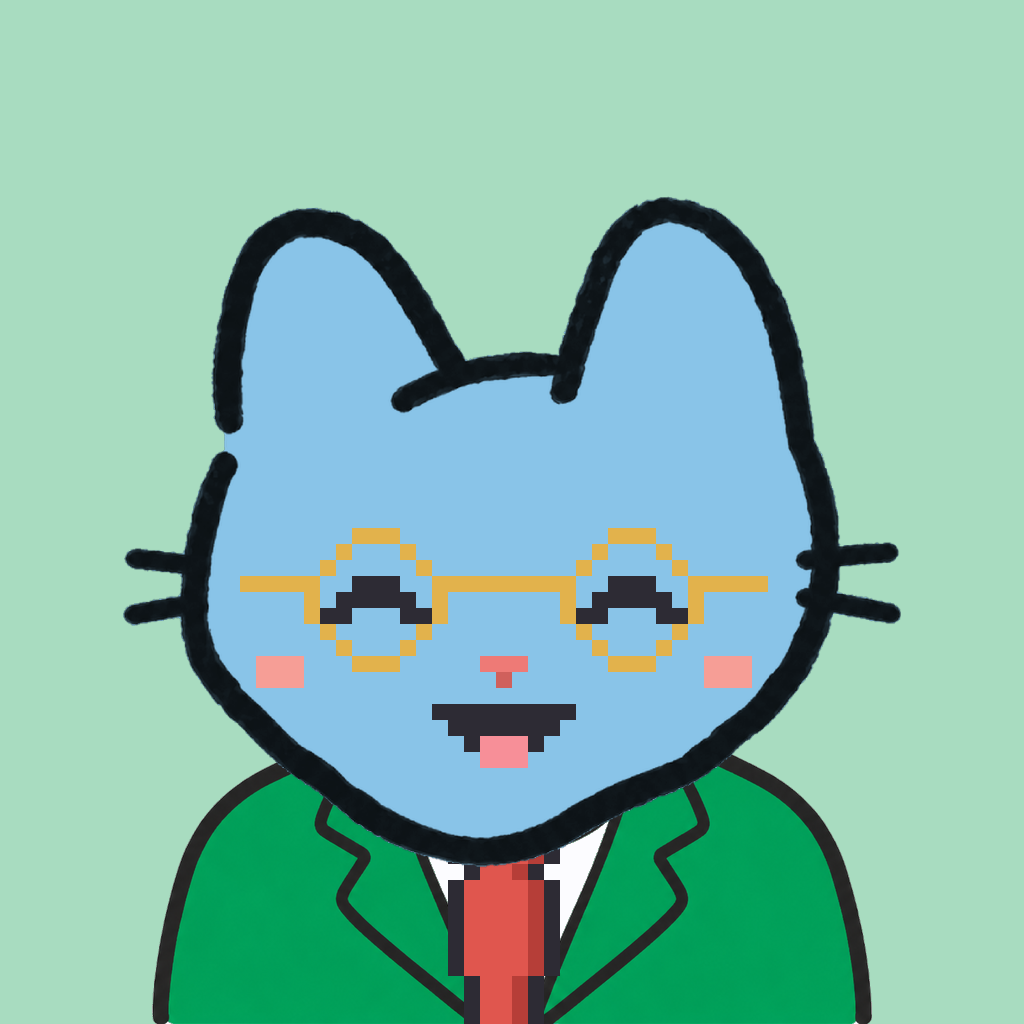 Employee #2760 — a sky cat, in a green suit, with a red tie, wearing round-gold glasses, on mint