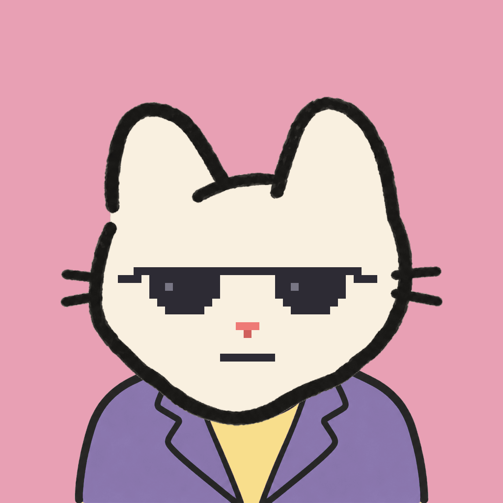 Employee #2761 — a cream cat, in a lavender suit, wearing shades glasses, on rose