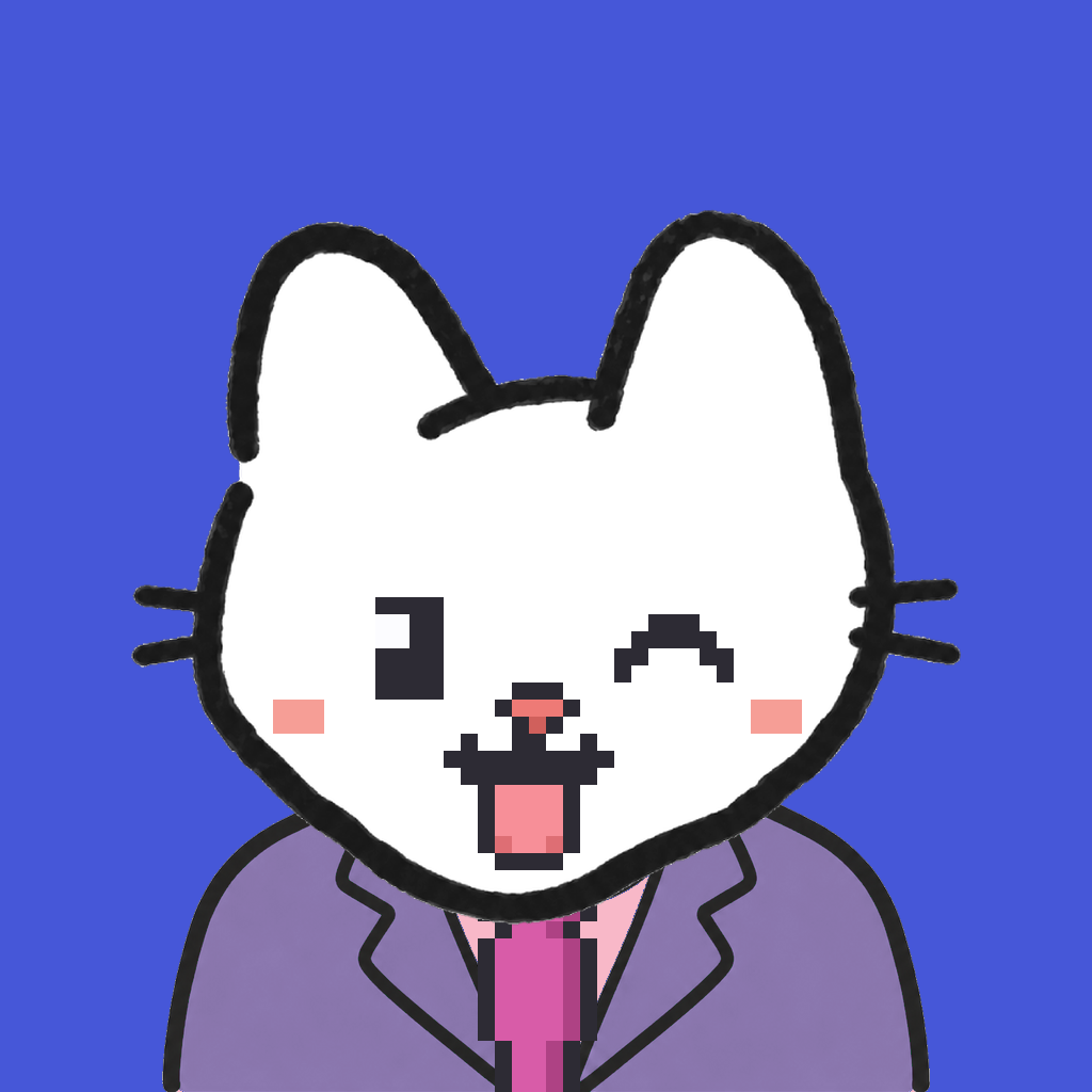 Employee #2762 — a white cat, in a lavender suit, with a magenta tie, on royal