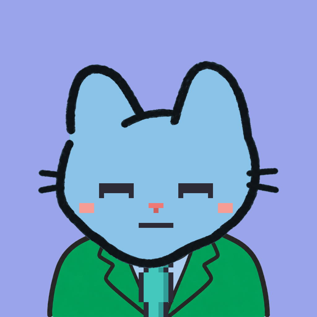 Employee #2763 — a sky cat, in a green suit, with a teal tie, on periwinkle