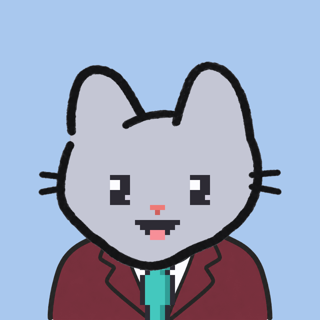 Employee #2764 — a gray cat, in a burgundy suit, with a teal tie, on sky