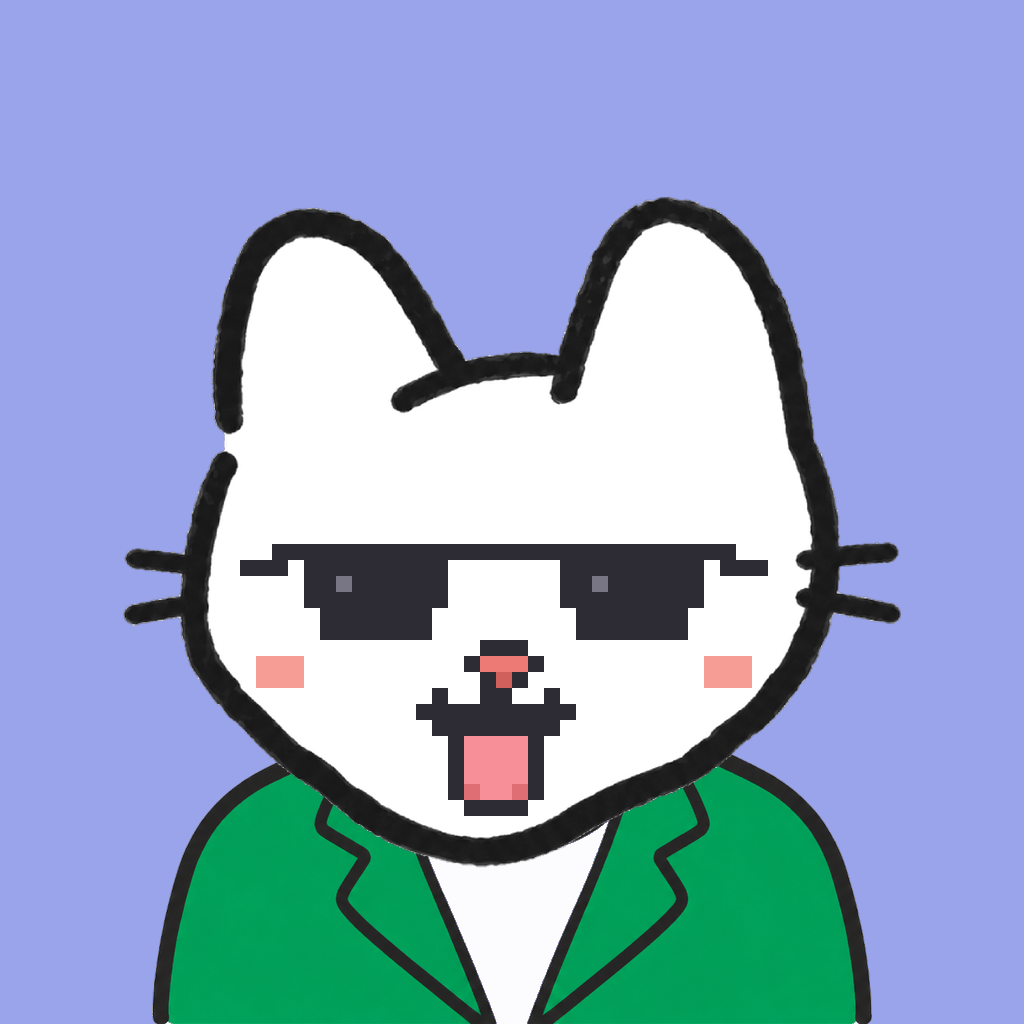 Employee #2765 — a white cat, in a green suit, wearing shades glasses, on periwinkle