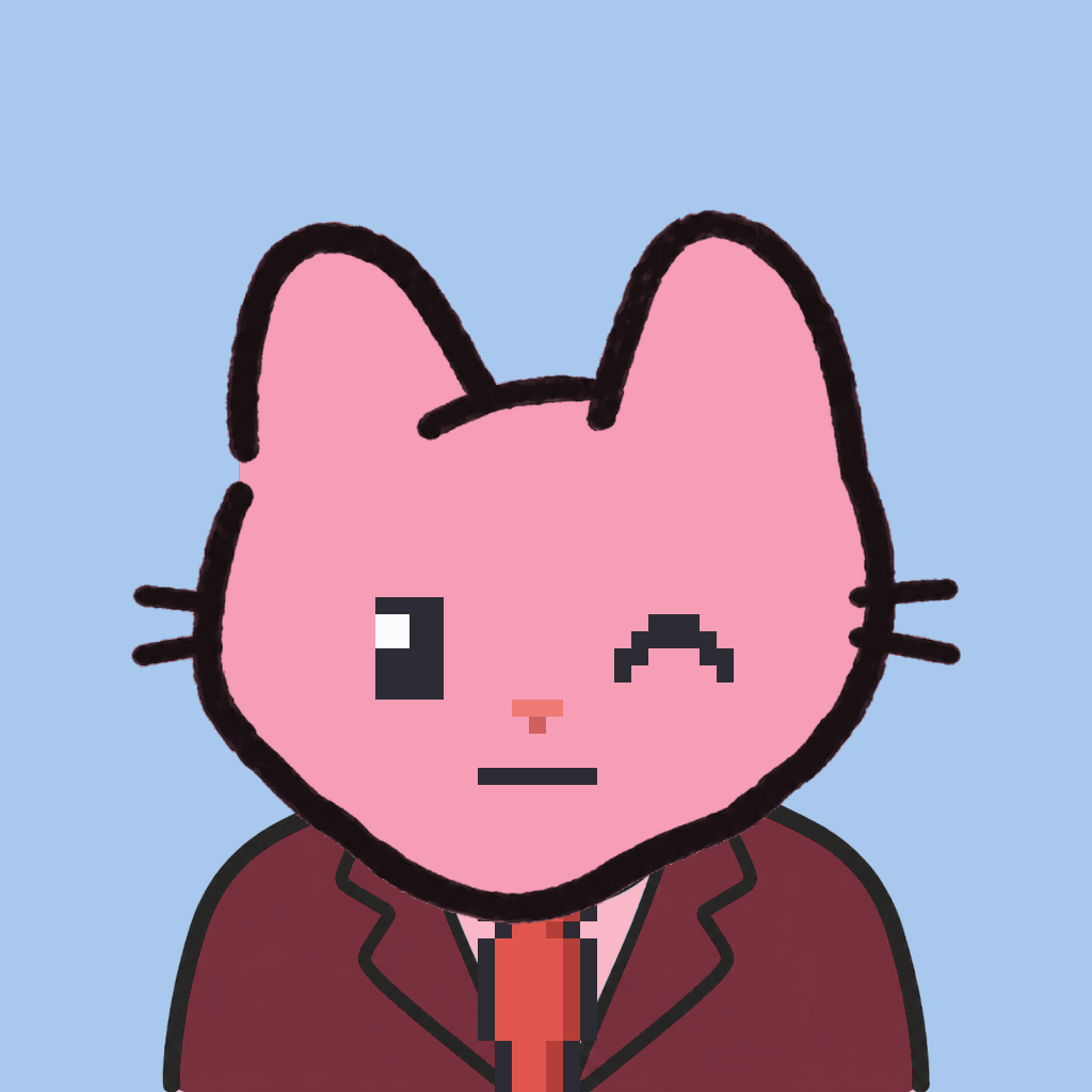 Employee #2766 — a pink cat, in a burgundy suit, with a red tie, on sky