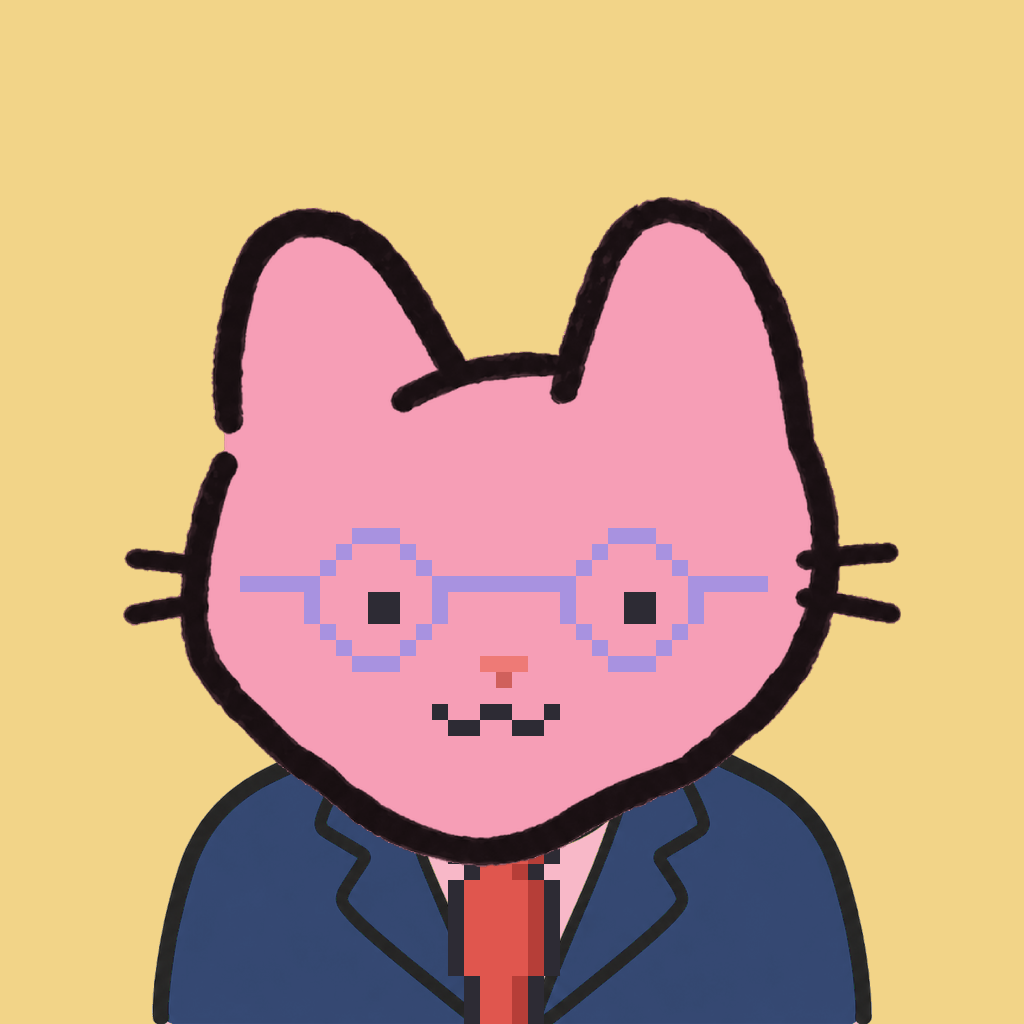 Employee #2767 — a pink cat, in a navy suit, with a red tie, wearing round-lavender glasses, on butter