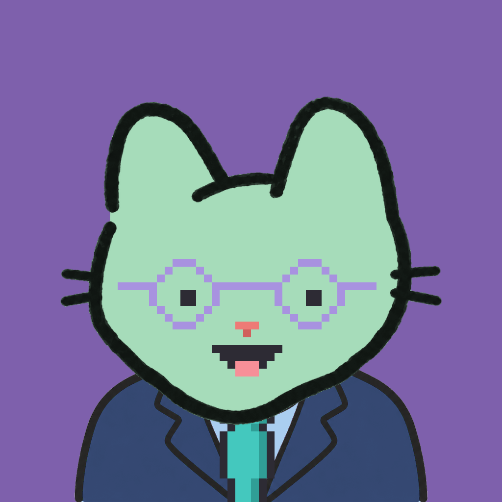 Employee #2768 — a mint cat, in a navy suit, with a teal tie, wearing round-lavender glasses, on plasma violet