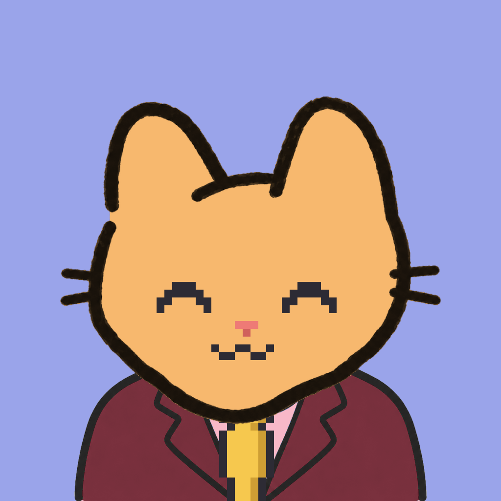 Employee #2769 — a tabby cat, in a burgundy suit, with a gold tie, on periwinkle