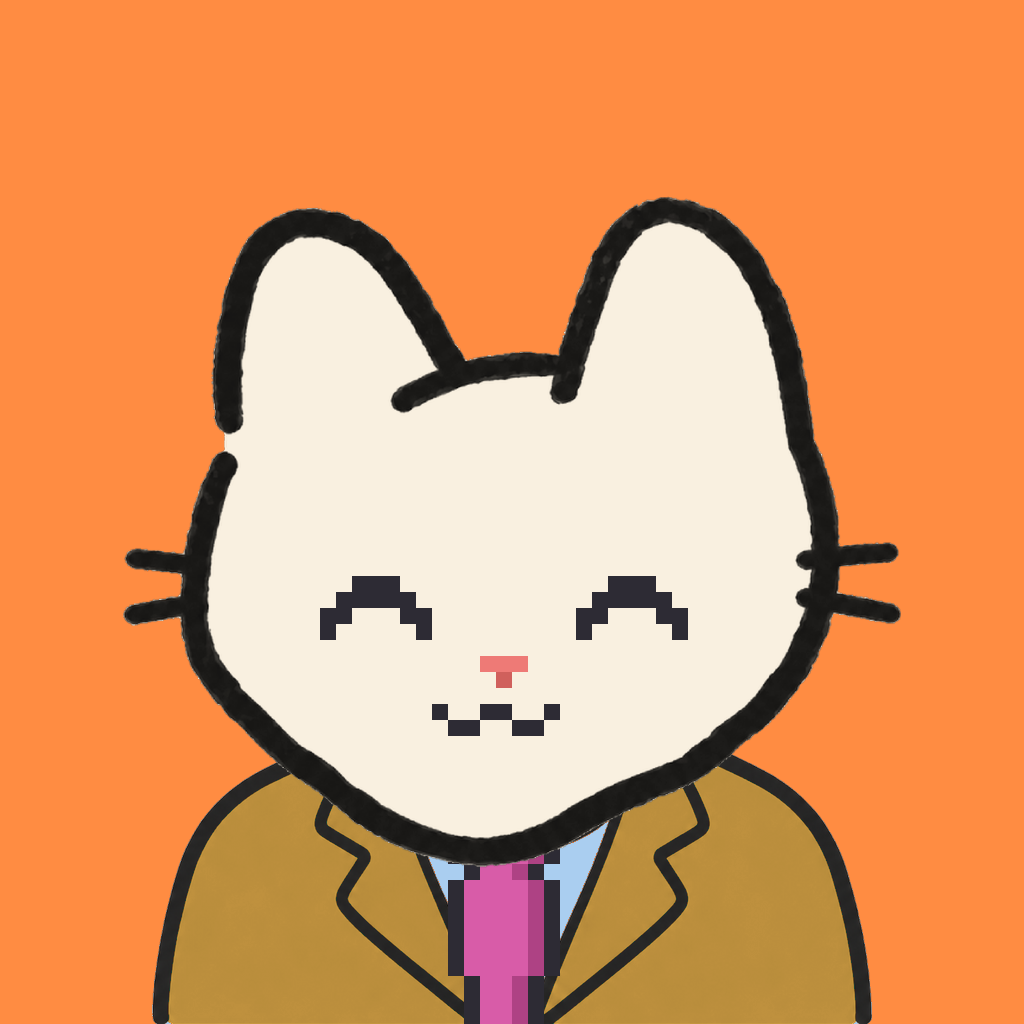 Employee #0277 — a cream cat, in a mustard suit, with a magenta tie, on tangerine