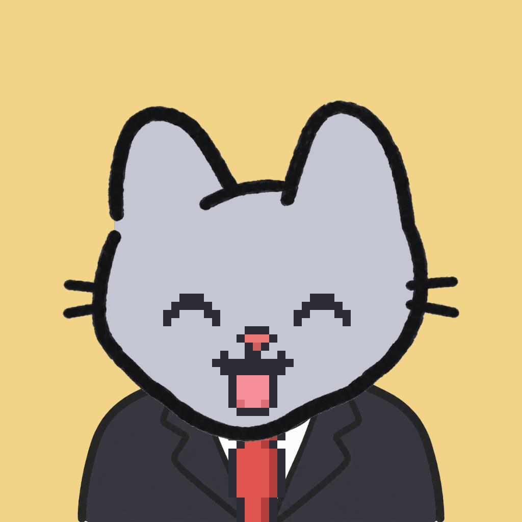 Employee #2770 — a gray cat, in a black suit, with a red tie, on butter