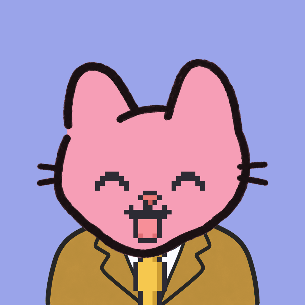 Employee #2771 — a pink cat, in a mustard suit, with a gold tie, on periwinkle