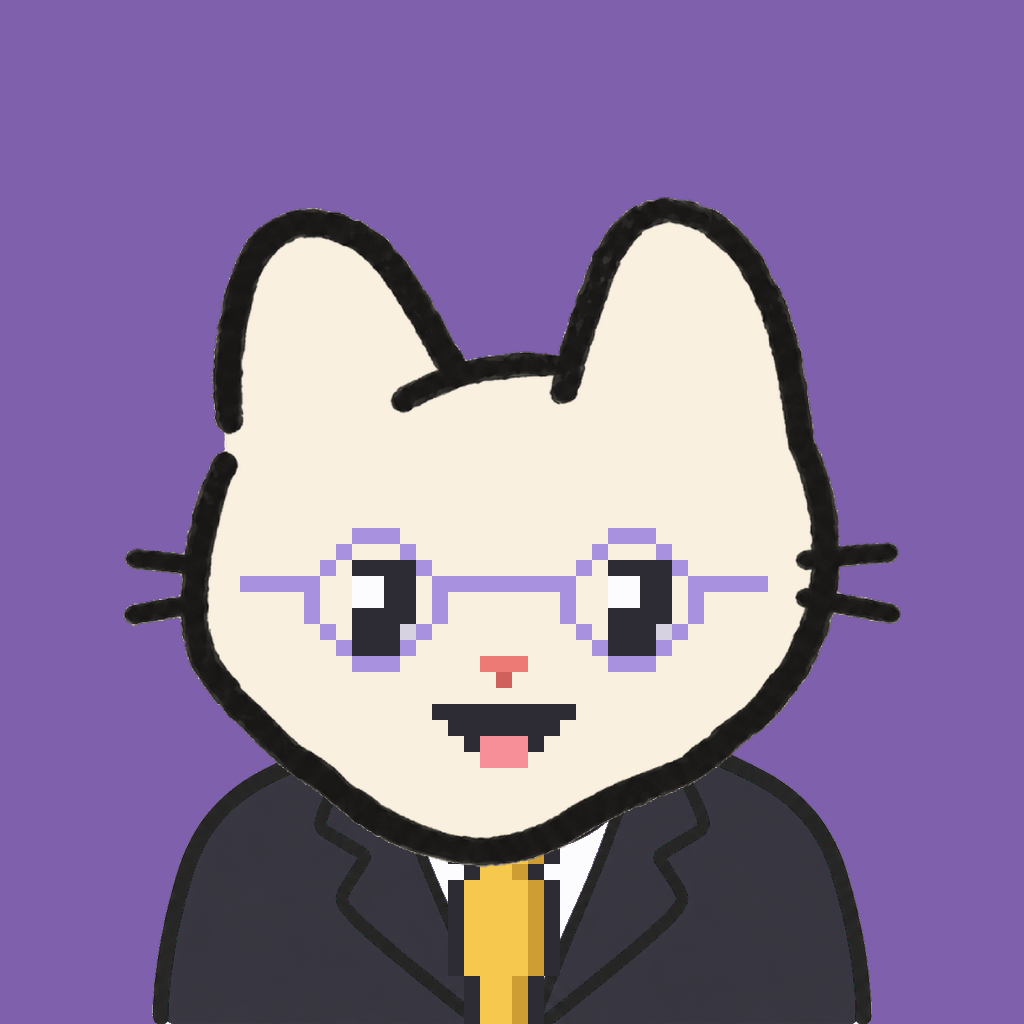 Employee #2772 — a cream cat, in a black suit, with a gold tie, wearing round-lavender glasses, on plasma violet