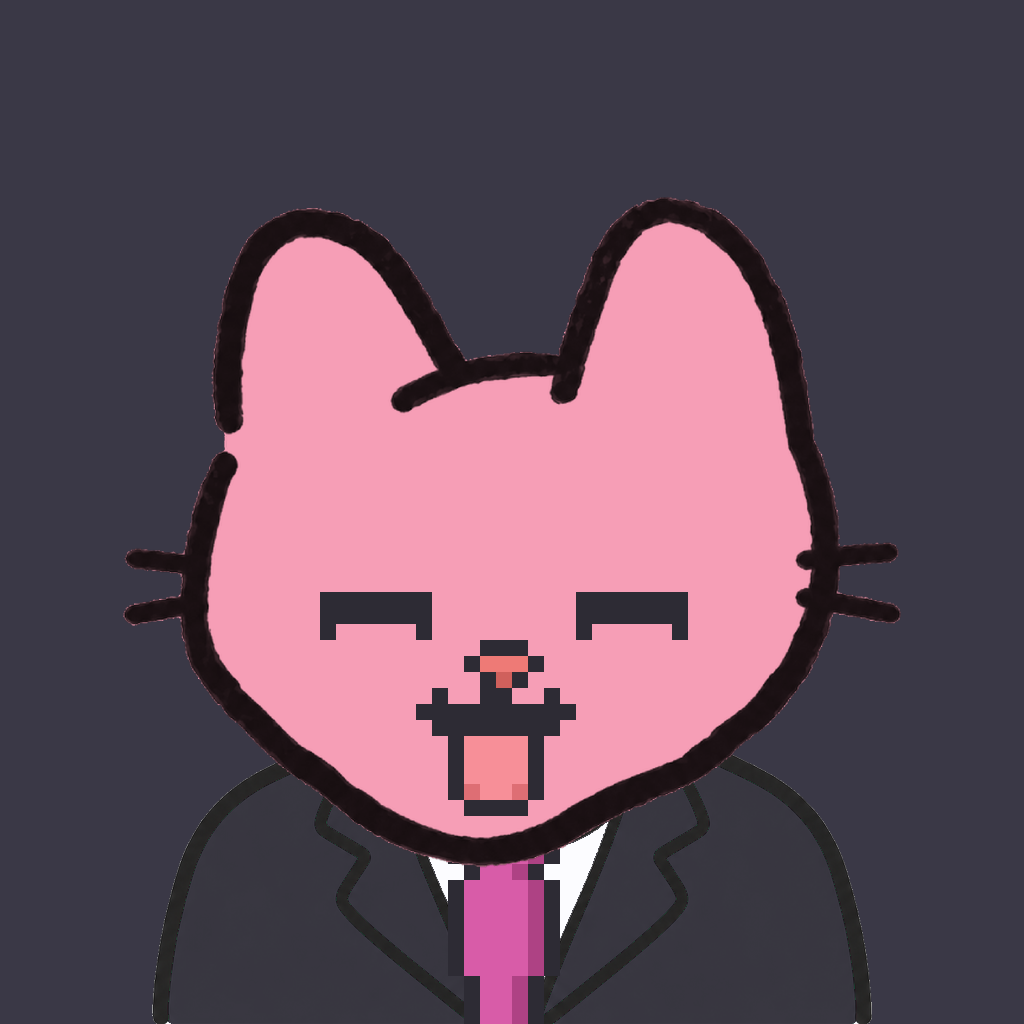 Employee #2773 — a pink cat, in a black suit, with a magenta tie, on charcoal