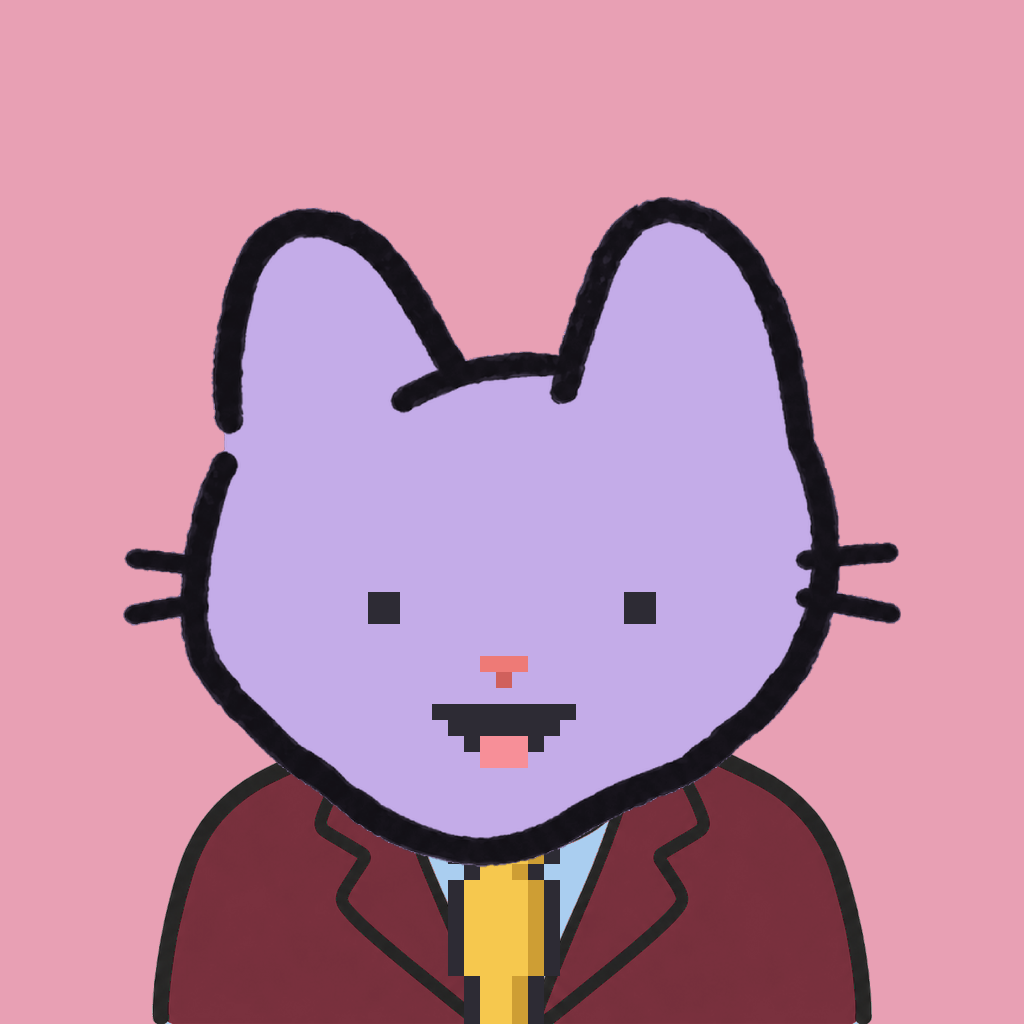 Employee #2775 — a lavender cat, in a burgundy suit, with a gold tie, on rose