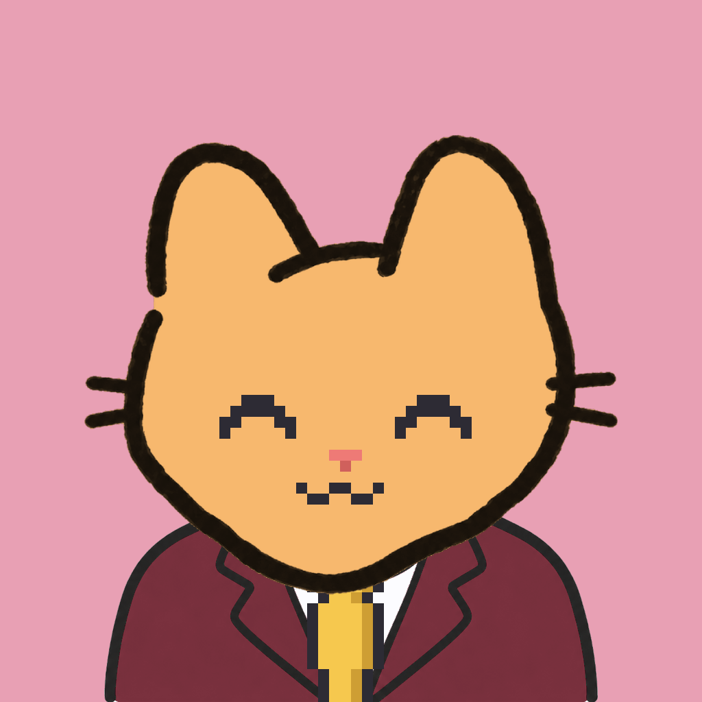 Employee #2776 — a tabby cat, in a burgundy suit, with a gold tie, on rose