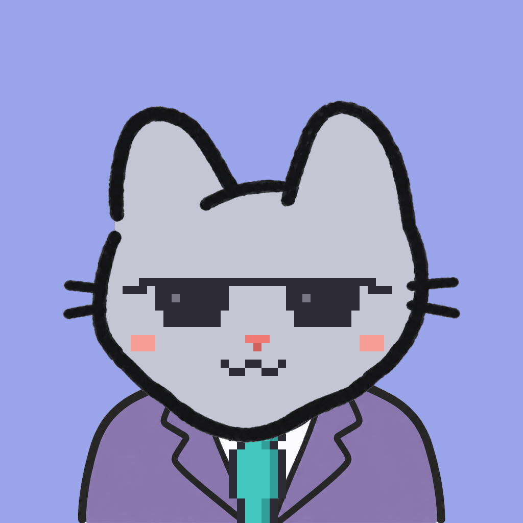Employee #2777 — a gray cat, in a lavender suit, with a teal tie, wearing shades glasses, on periwinkle