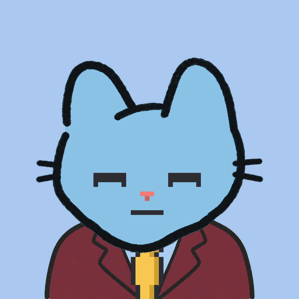 Employee #2778 — a sky cat, in a burgundy suit, with a gold tie, on sky