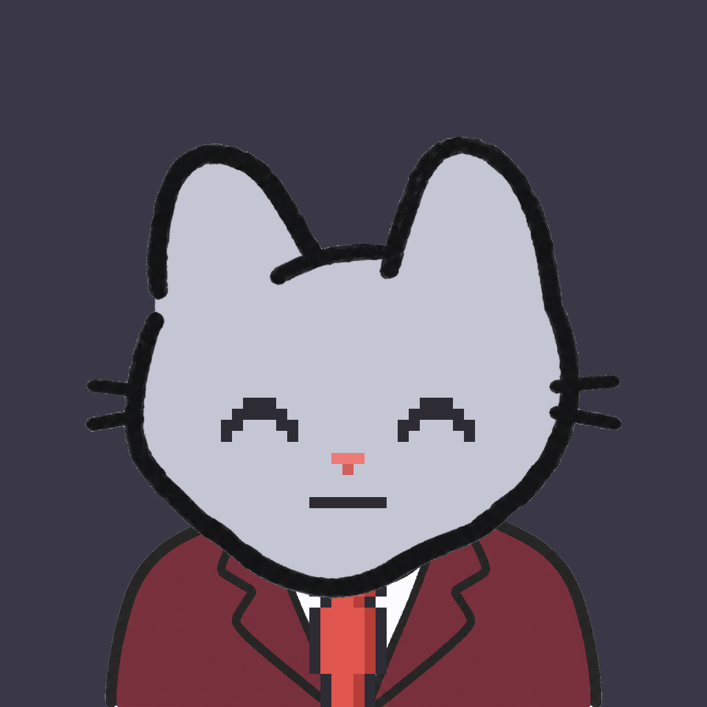 Employee #2779 — a gray cat, in a burgundy suit, with a red tie, on charcoal