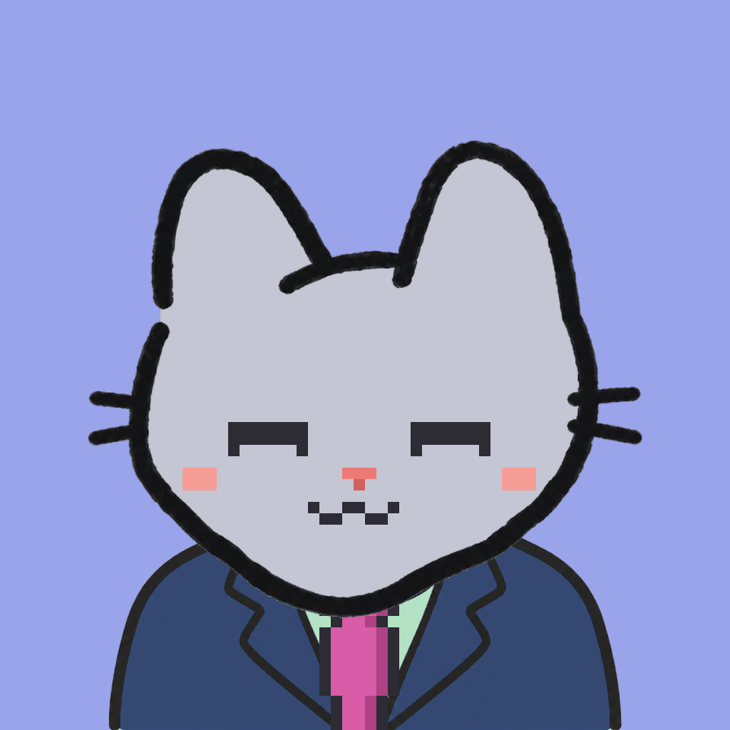 Employee #2780 — a gray cat, in a navy suit, with a magenta tie, on periwinkle