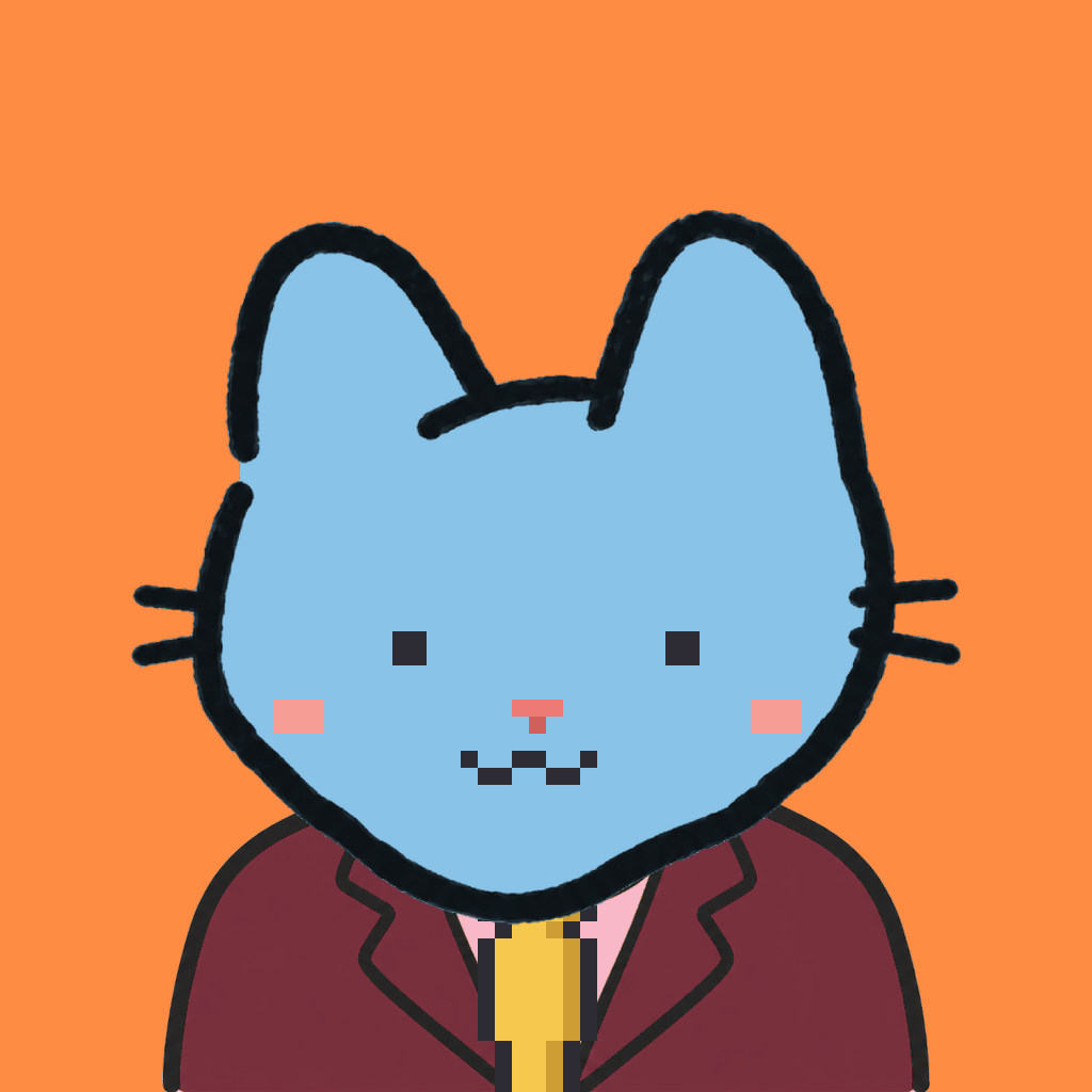 Employee #2781 — a sky cat, in a burgundy suit, with a gold tie, on tangerine