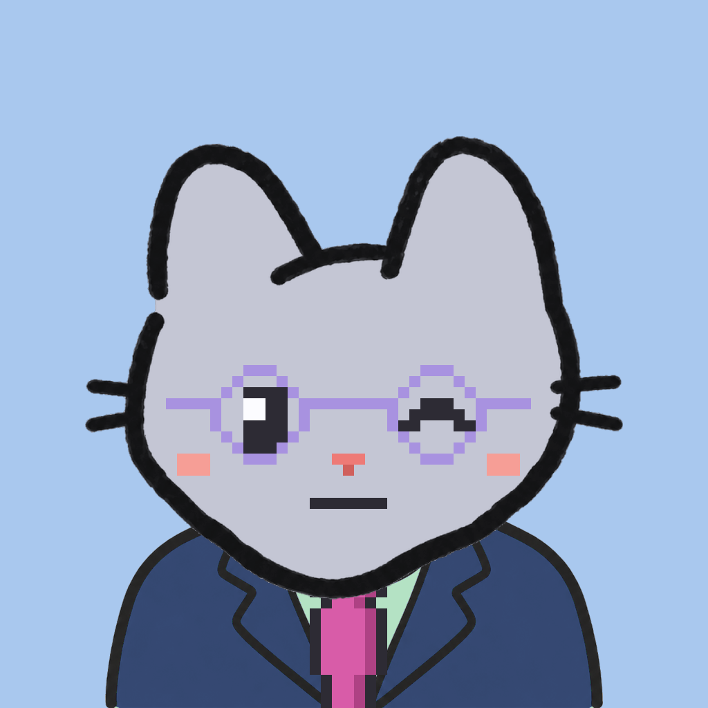 Employee #2782 — a gray cat, in a navy suit, with a magenta tie, wearing round-lavender glasses, on sky