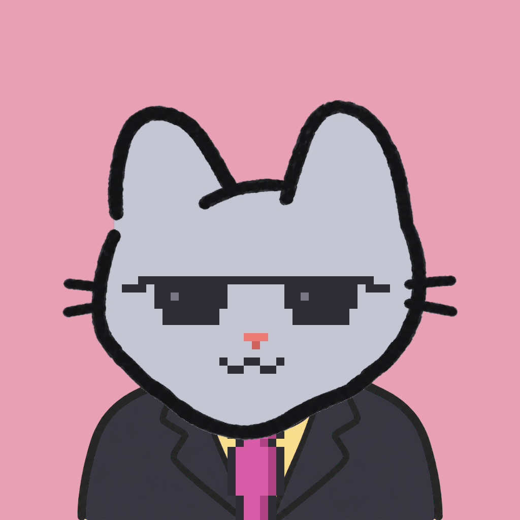 Employee #2783 — a gray cat, in a black suit, with a magenta tie, wearing shades glasses, on rose