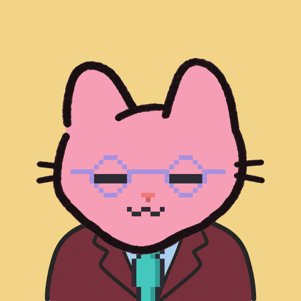 Employee #2784 — a pink cat, in a burgundy suit, with a teal tie, wearing round-lavender glasses, on butter