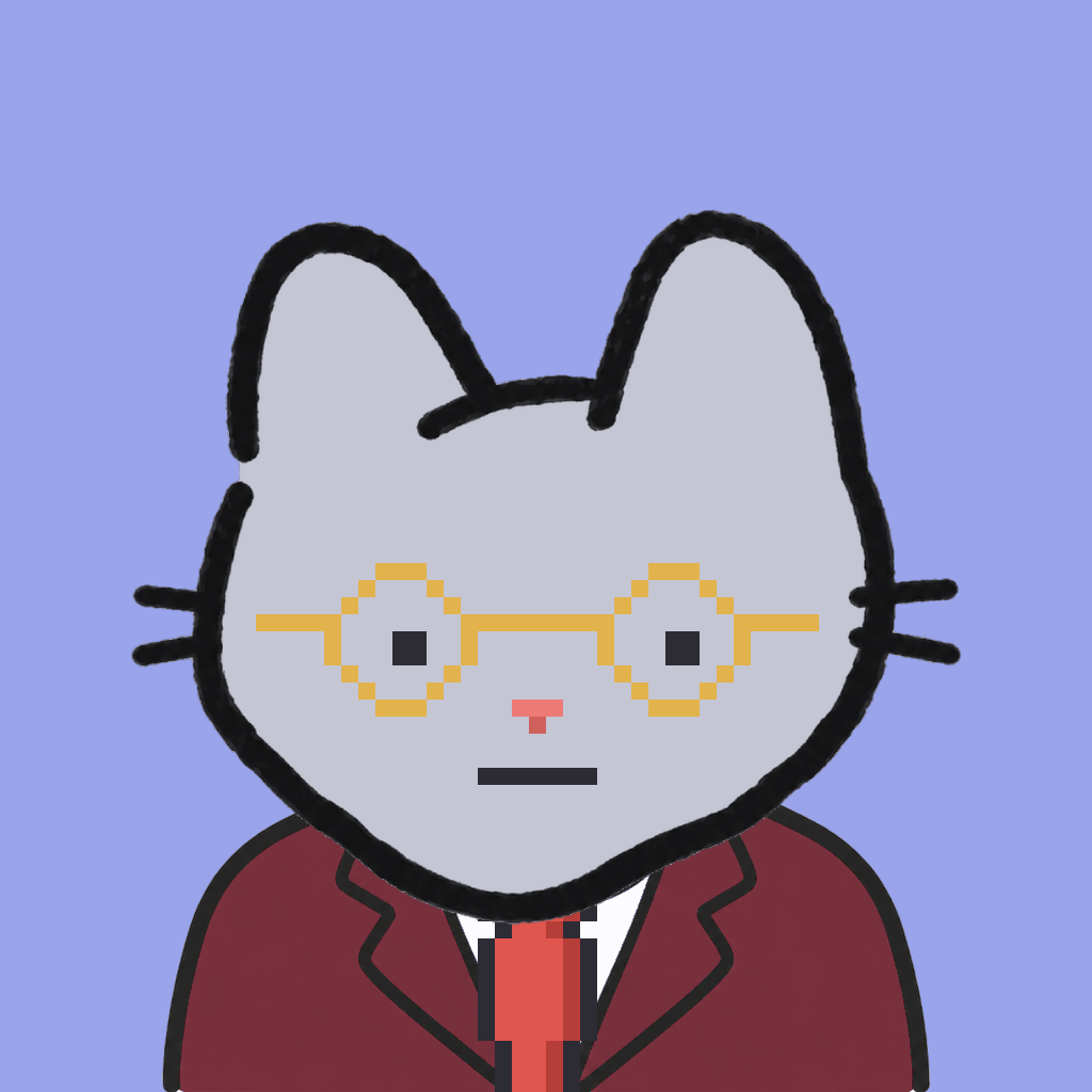 Employee #2785 — a gray cat, in a burgundy suit, with a red tie, wearing round-gold glasses, on periwinkle