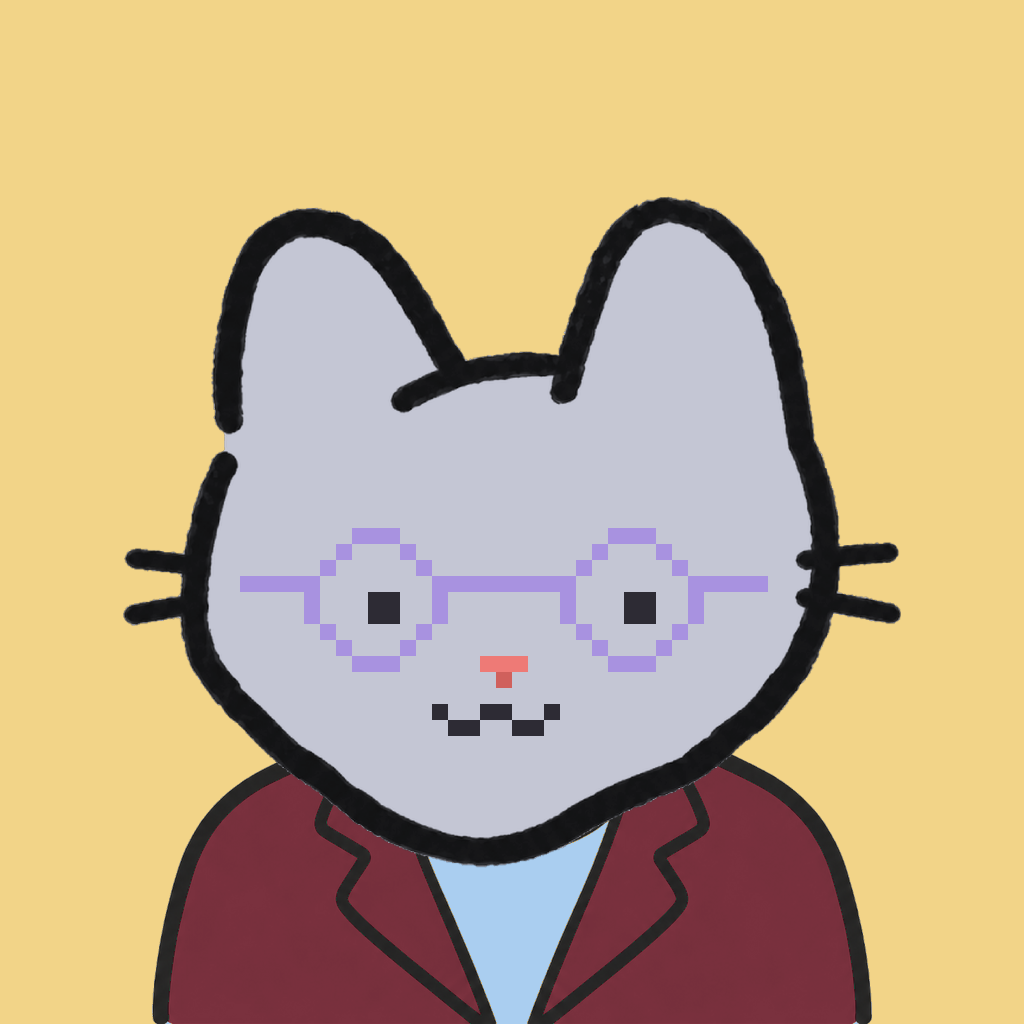 Employee #2786 — a gray cat, in a burgundy suit, wearing round-lavender glasses, on butter