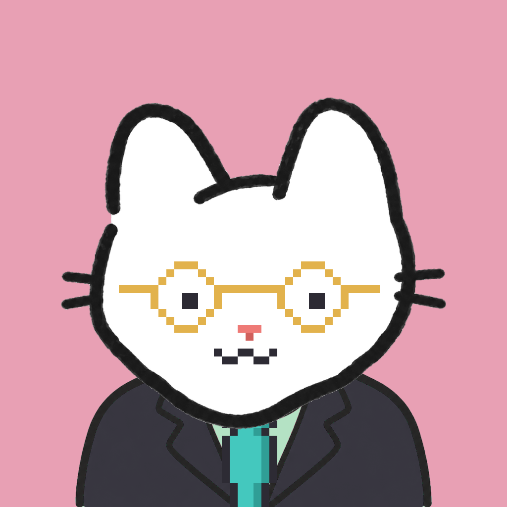 Employee #2787 — a white cat, in a black suit, with a teal tie, wearing round-gold glasses, on rose