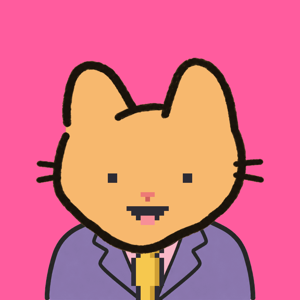 Employee #2788 — a tabby cat, in a lavender suit, with a gold tie, on hot pink