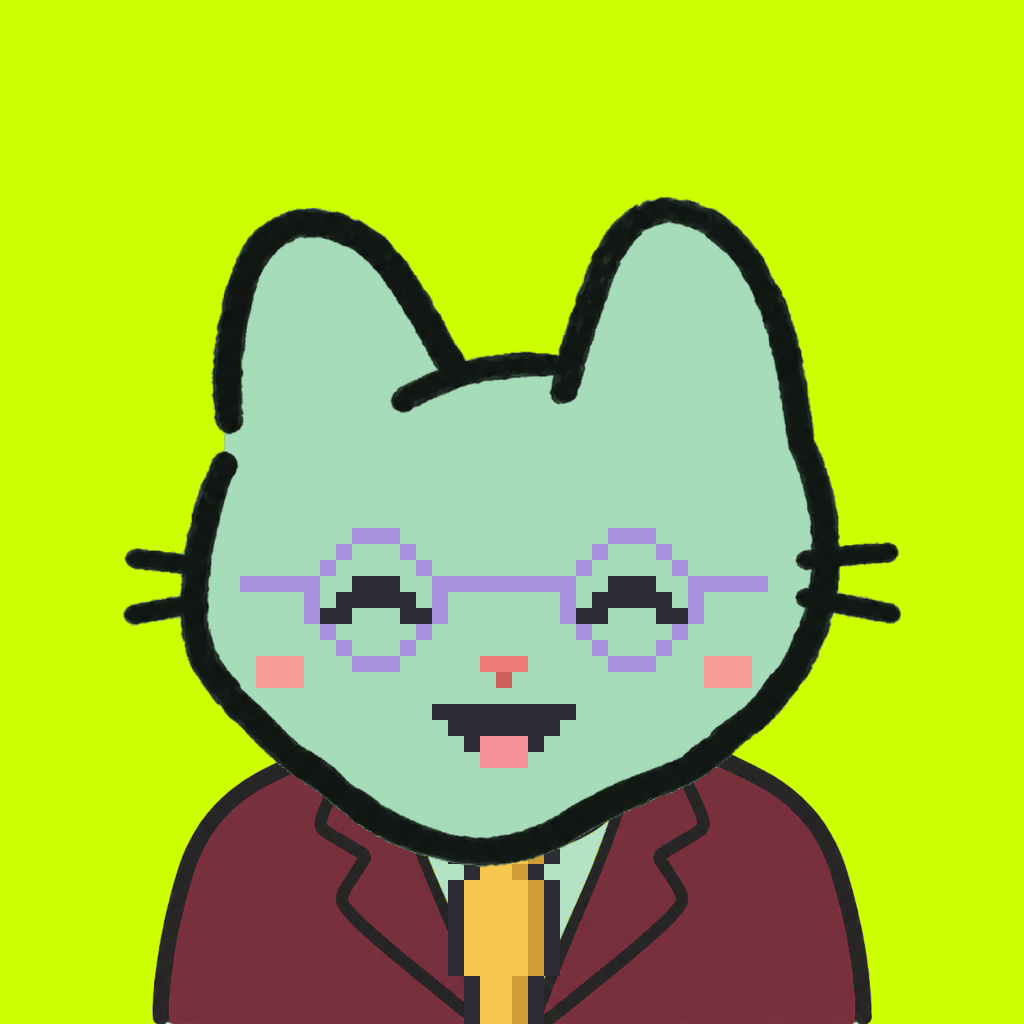 Employee #2789 — a mint cat, in a burgundy suit, with a gold tie, wearing round-lavender glasses, on volt