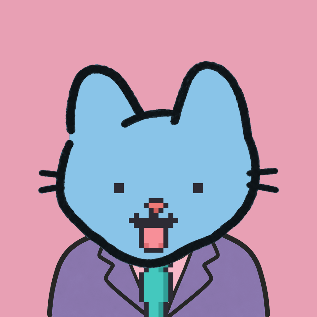 Employee #0279 — a sky cat, in a lavender suit, with a teal tie, on rose