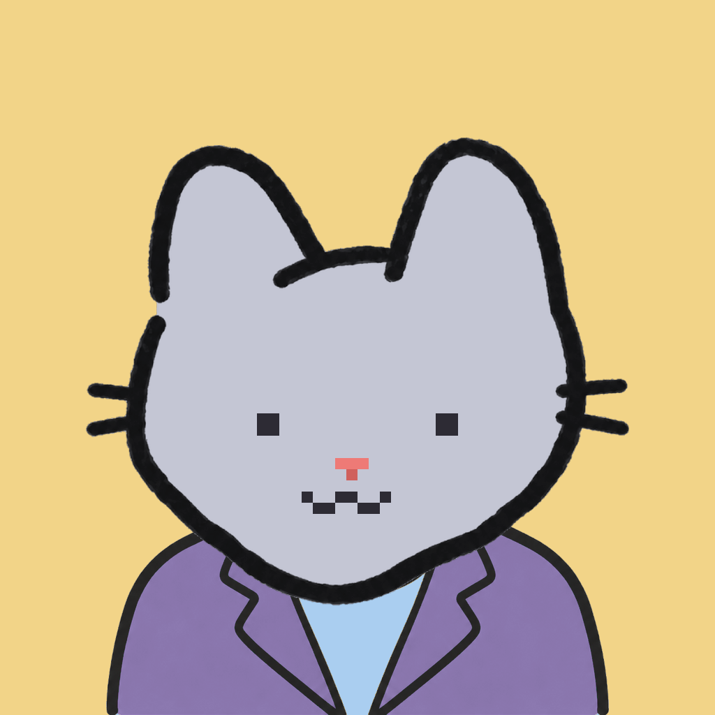 Employee #2790 — a gray cat, in a lavender suit, on butter