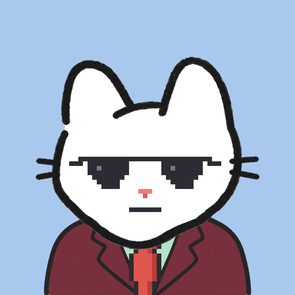 Employee #2791 — a white cat, in a burgundy suit, with a red tie, wearing shades glasses, on sky