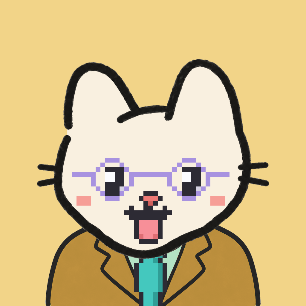 Employee #2792 — a cream cat, in a mustard suit, with a teal tie, wearing round-lavender glasses, on butter