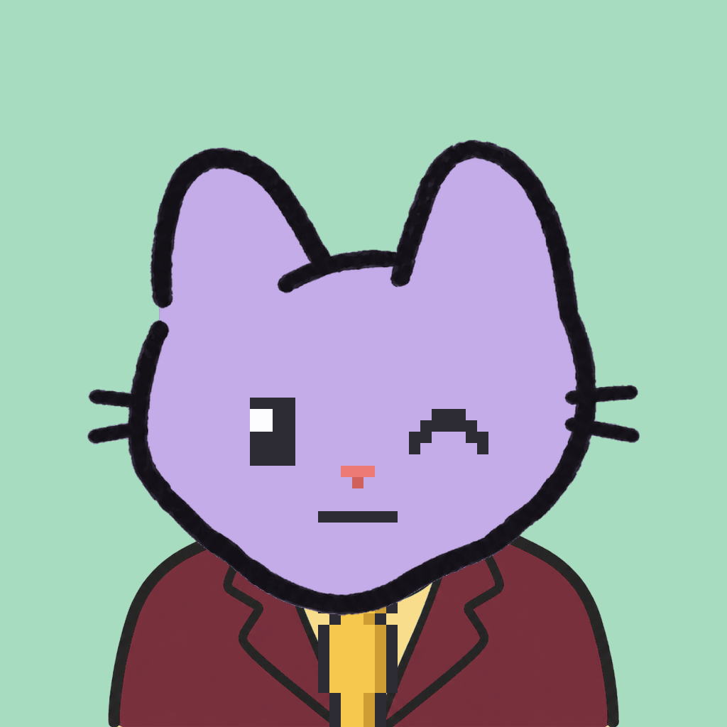 Employee #2793 — a lavender cat, in a burgundy suit, with a gold tie, on mint