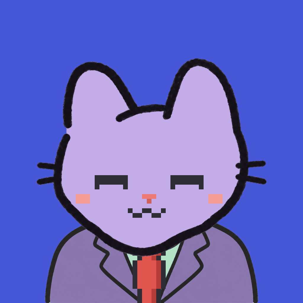 Employee #2794 — a lavender cat, in a lavender suit, with a red tie, on royal