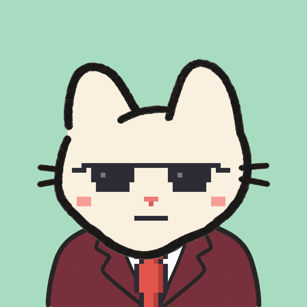 Employee #2795 — a cream cat, in a burgundy suit, with a red tie, wearing shades glasses, on mint
